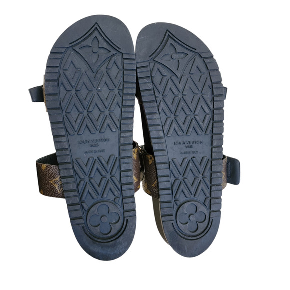 Louis Vuitton Monogram Bom Dia Leather Sandals LV Logo Brown Black Flat 10 40 - Picture 13 of 14